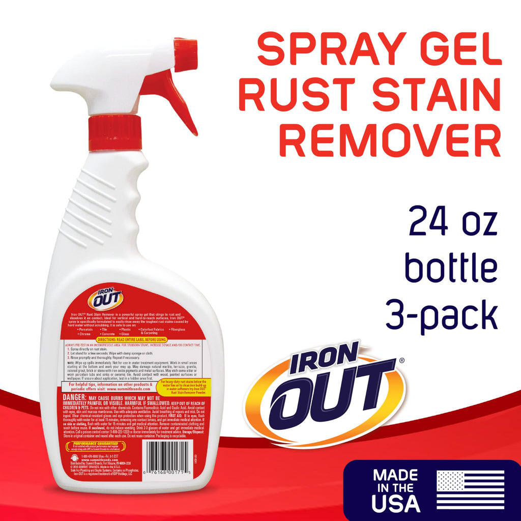 Iron OUT Rust Stain Remover Spray Gel, Remove Rust Stains in Bathrooms, Kitchens, Laundry, and Outdoors, Made in the USA, 24 Ounces