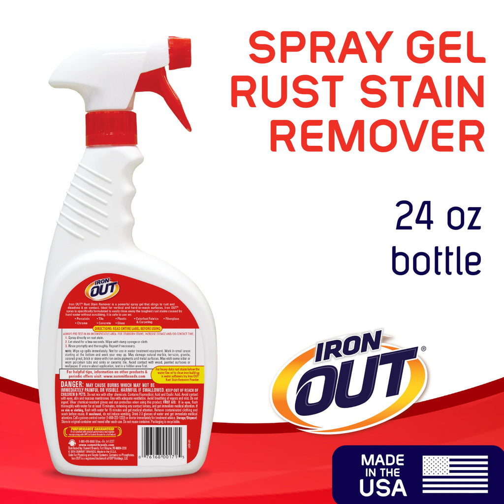 Iron OUT Rust Stain Remover Spray Gel, Remove Rust Stains in Bathrooms, Kitchens, Laundry, and Outdoors, Made in the USA, 24 Ounces